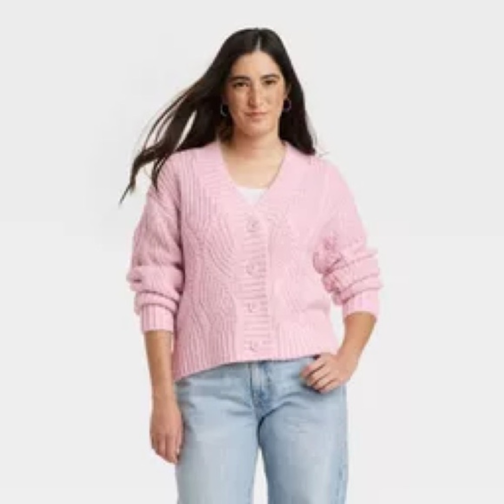 Women's Universal Thread Pink Chunky Knit Cable Button Cardigan Sweater Sz Large